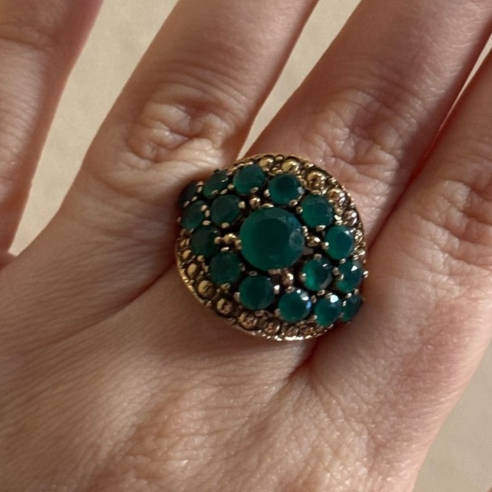 Vintage Nicky Butler Chrysoprase & Marcasite Gold Plated Dome Ring Size 8